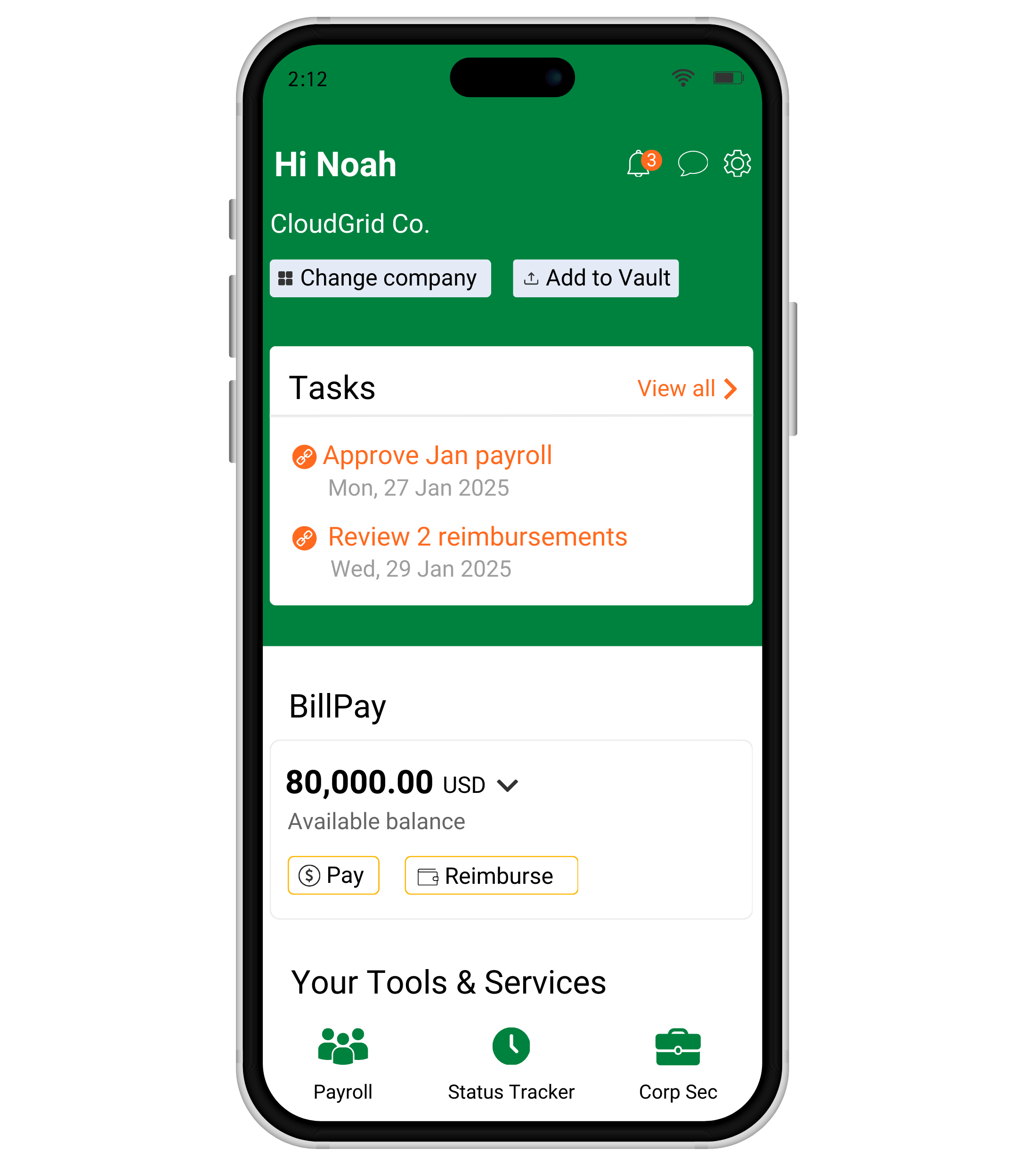 Counto customers have access to a mobile app for managing financial tasks with features such as smart reimbursements and payments. The dashboard displays task reminders, available balance, and quick access buttons for making payments and reimbursements. Users can also navigate to additional tools and services like Payroll, Status Tracker, etc.