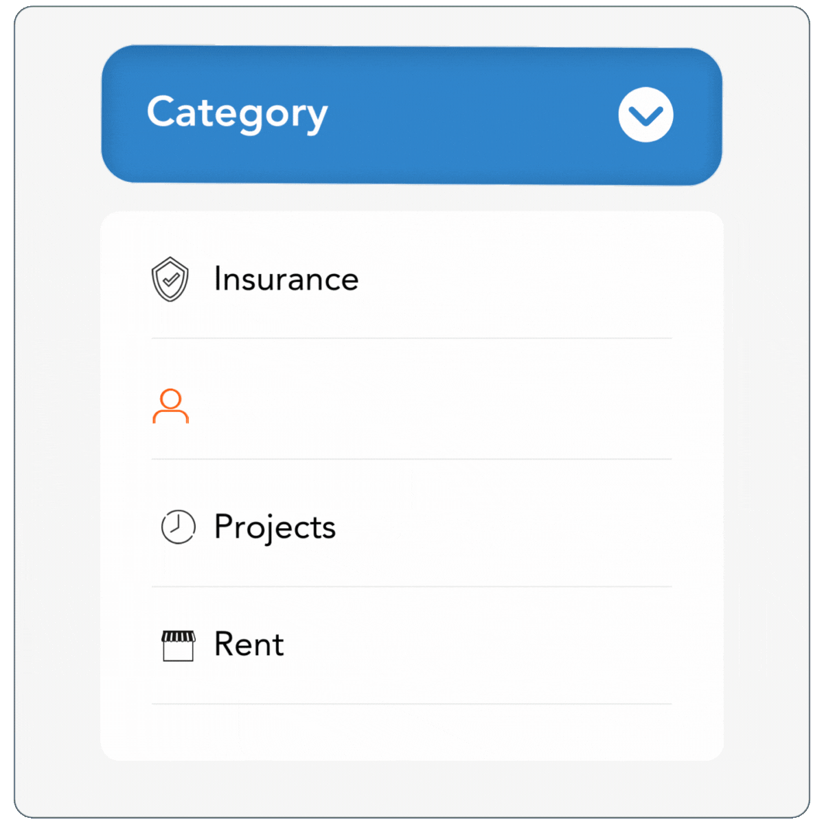 Animated interface showing Counto's category selection feature, allowing users to organize expenses by categories such as insurance, projects, rent, and more for streamlined payments and expense management.