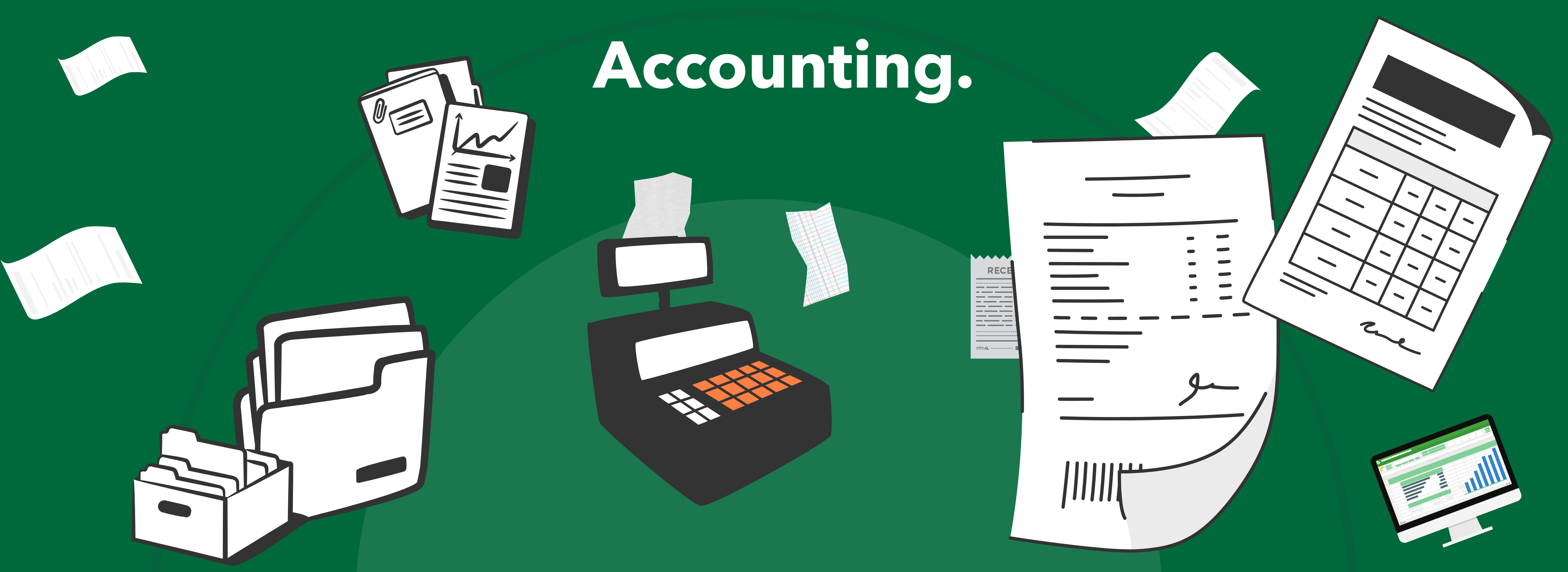 Illustration of accounting documents, invoices, receipts, and a cash register, representing the fragmented chaos of financial management and bookkeeping.