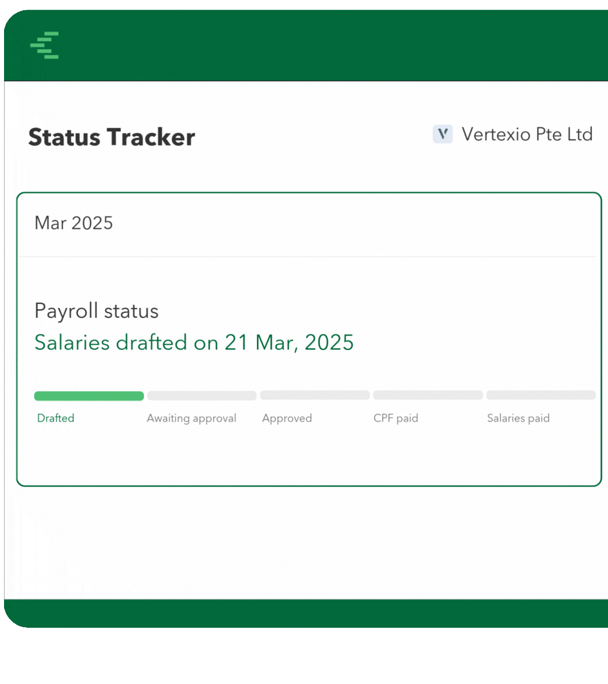 Animated GIF demonstrating Counto's intuitive payroll status tracker, highlighting easy visibility of payroll stages—from salary drafts and approvals to CPF contributions and salary payments.