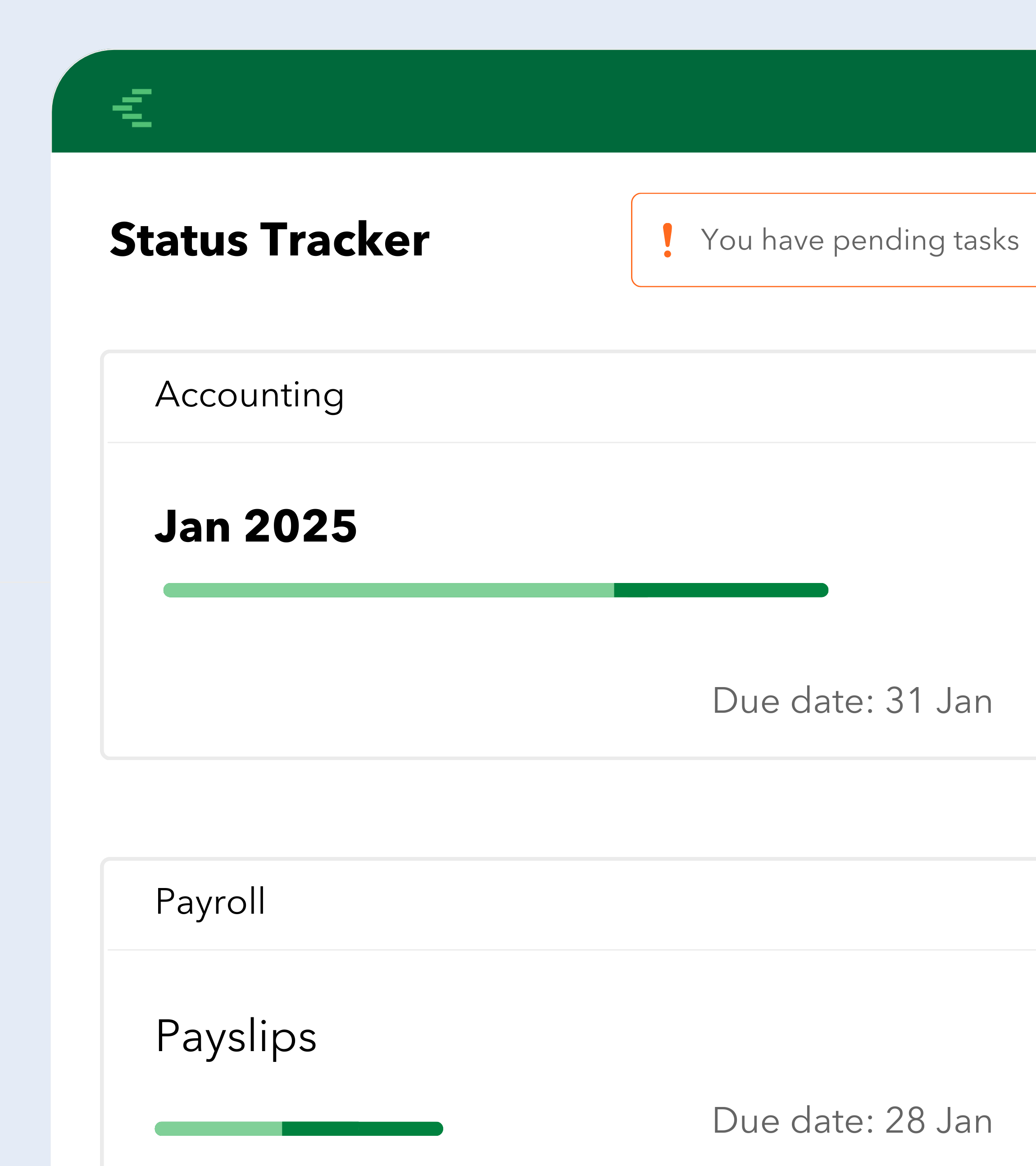 Counto's live bookkeeping feature displays a status tracker for compliance tasks including accounting, payroll tasks etc. The tracker visually represents progress for tasks such as 'Jan 2025' accounting and 'Payslips' processing, with due dates and completion status. A notification icon alerts users to pending tasks, ensuring timely actions and real-time financial updates.