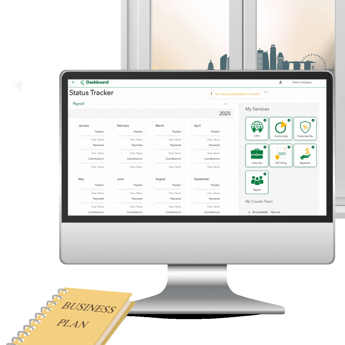 A computer screen displays Counto’s AI-powered dashboard with a status tracker a panel of services including Accounting, Corporate Tax, Incorporation, GST Filing, and Payroll. In the background, a window reveals the Singapore skyline.