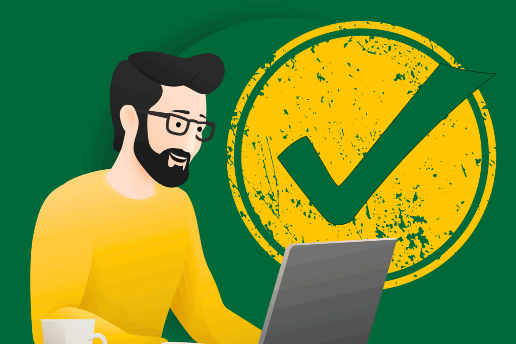 Illustration of a confident founder working on a laptop with a large compliance checkmark behind him, symbolising successful ACRA compliance in Singapore.