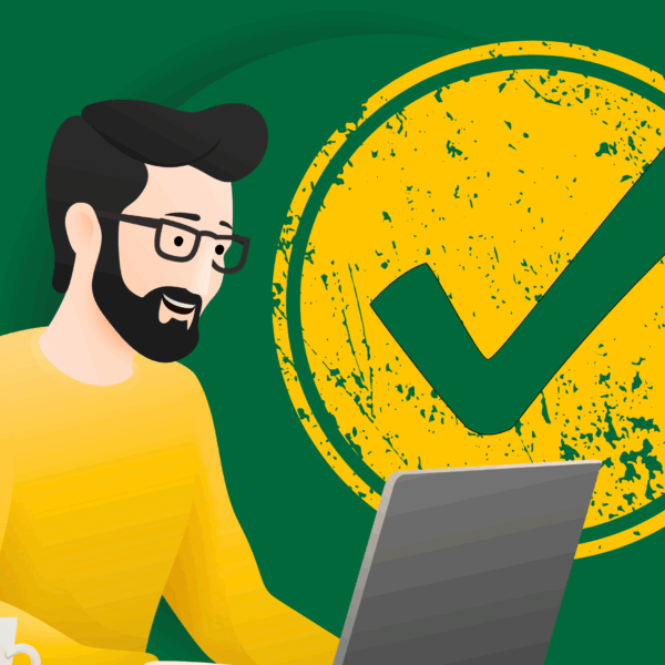 Illustration of a confident founder working on a laptop with a large compliance checkmark behind him, symbolising successful ACRA compliance in Singapore.