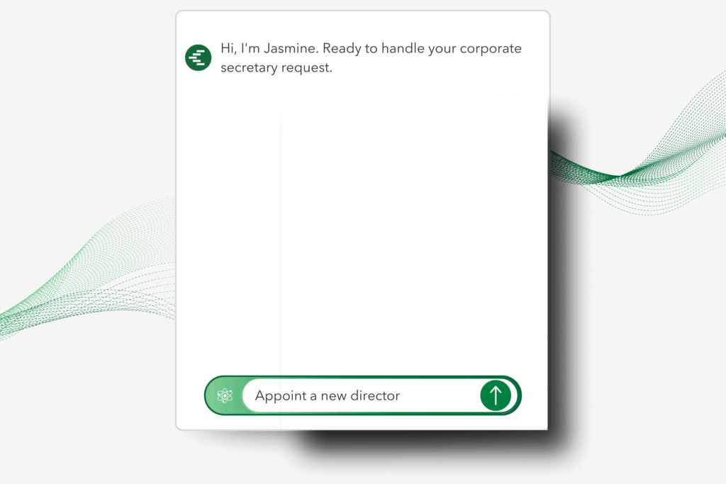 Illustration of Jasmine AI chat interface offering corporate secretarial service, with a prompt to appoint a new director.