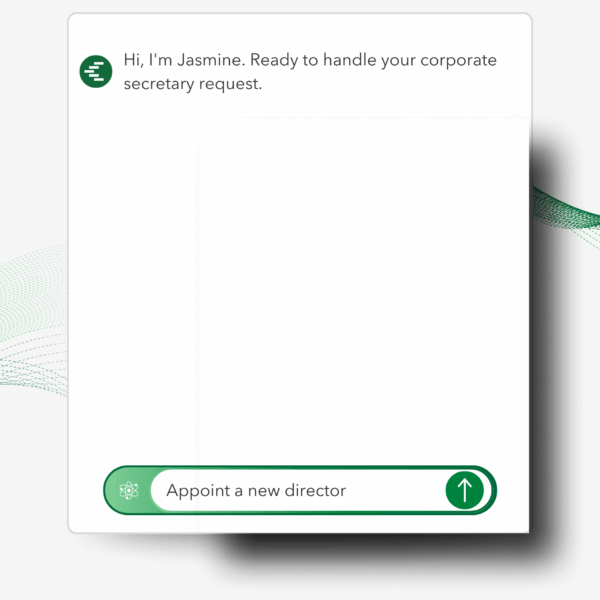 Illustration of Jasmine AI chat interface offering corporate secretarial service, with a prompt to appoint a new director.
