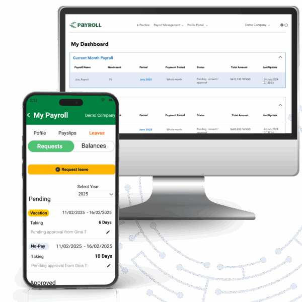 Counto payroll software interface displayed on desktop and mobile, highlighting payroll processing, leave management, and employee requests.
