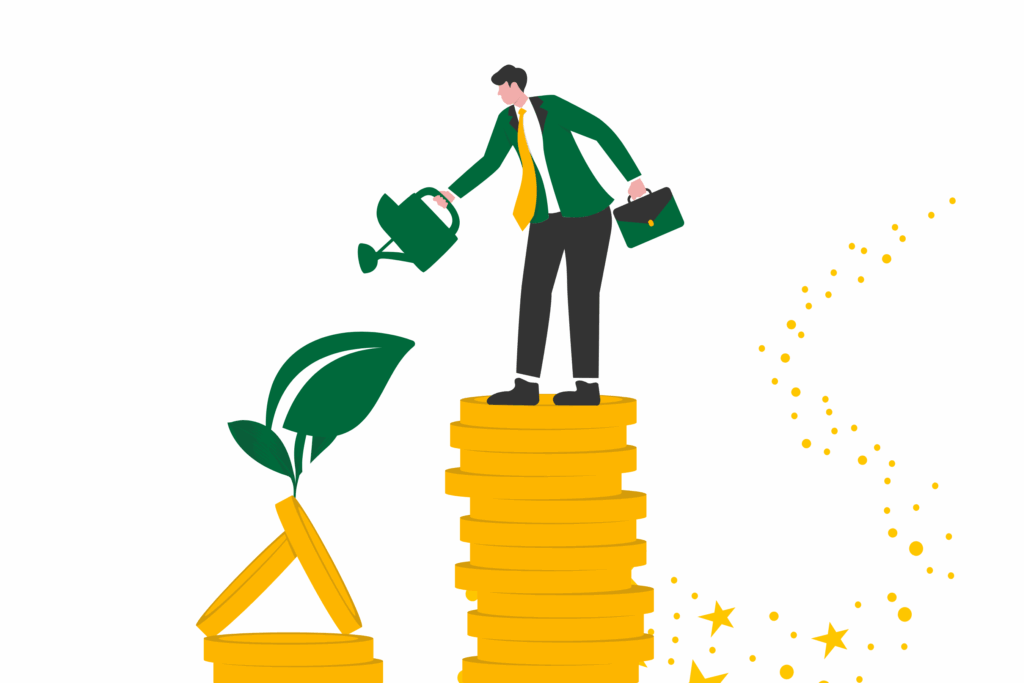 An entrepreneur watering a plant growing from coins, symbolizing the business growth that comes from a successful company incorporation.