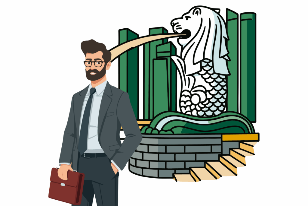Indian entrepreneur expanding business in Singapore standing in front of Merlion, symbolizing company incorporation and tax benefits under the India-Singapore DTAA.