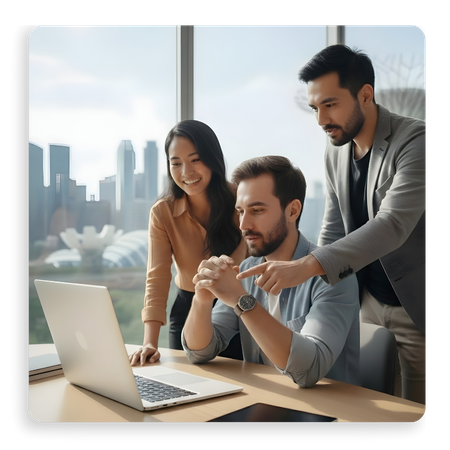 A diverse team of entrepreneurs in a Singapore office using a laptop to complete the ACRA BizFile registration process for a new company, featuring identity verification and UEN issuance for local and foreign founders.