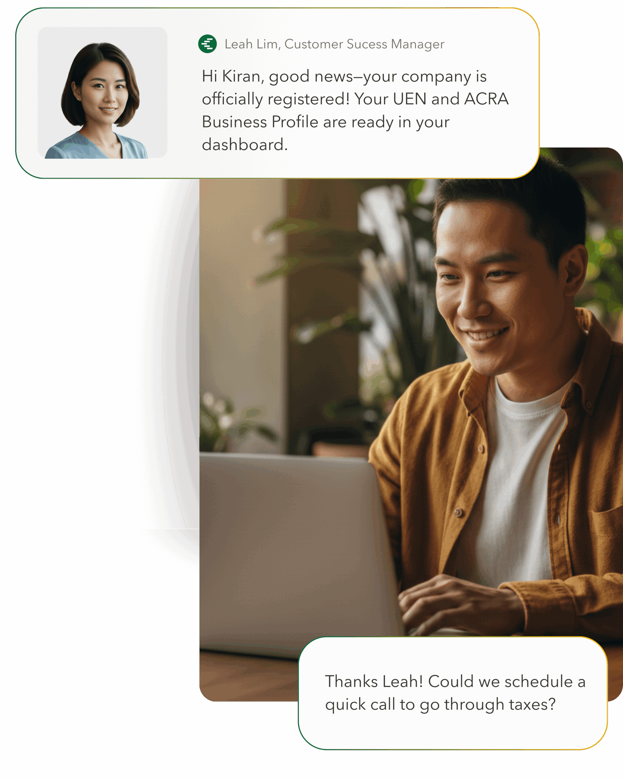 A Counto Customer Success Manager notification confirming successful and affordable Singapore company registration for a client."