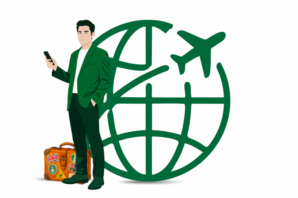 Illustration of a global founder with a suitcase and globe, comparing Employment Pass and EntrePass options for relocating a business to Singapore.