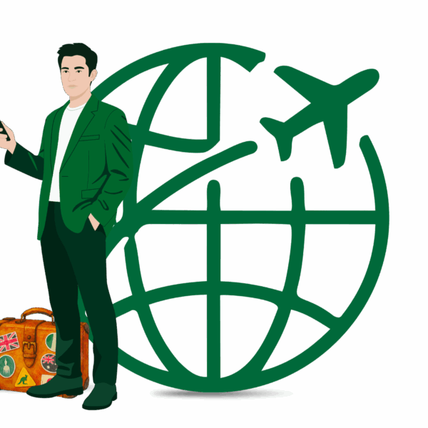 Illustration of a global founder with a suitcase and globe, comparing Employment Pass and EntrePass options for relocating a business to Singapore.