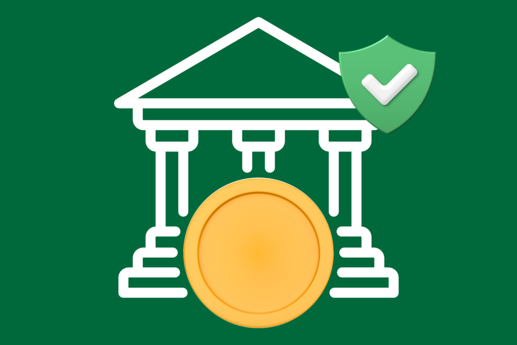 Icon showing a secure bank and a success shield for opening a business bank account in Singapore as a foreigner.