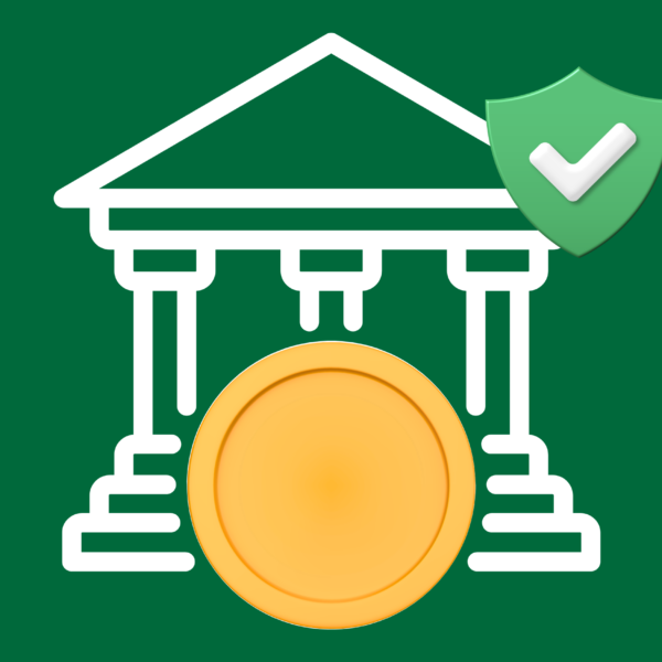 Icon showing a secure bank and a success shield for opening a business bank account in Singapore as a foreigner.