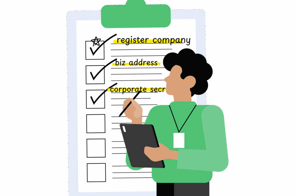 Illustration of an entrepreneur completing a Singapore company registration checklist including registered office address and corporate secretary requirements.