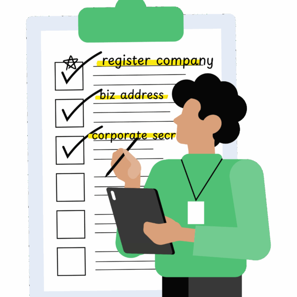 Illustration of an entrepreneur completing a Singapore company registration checklist including registered office address and corporate secretary requirements.