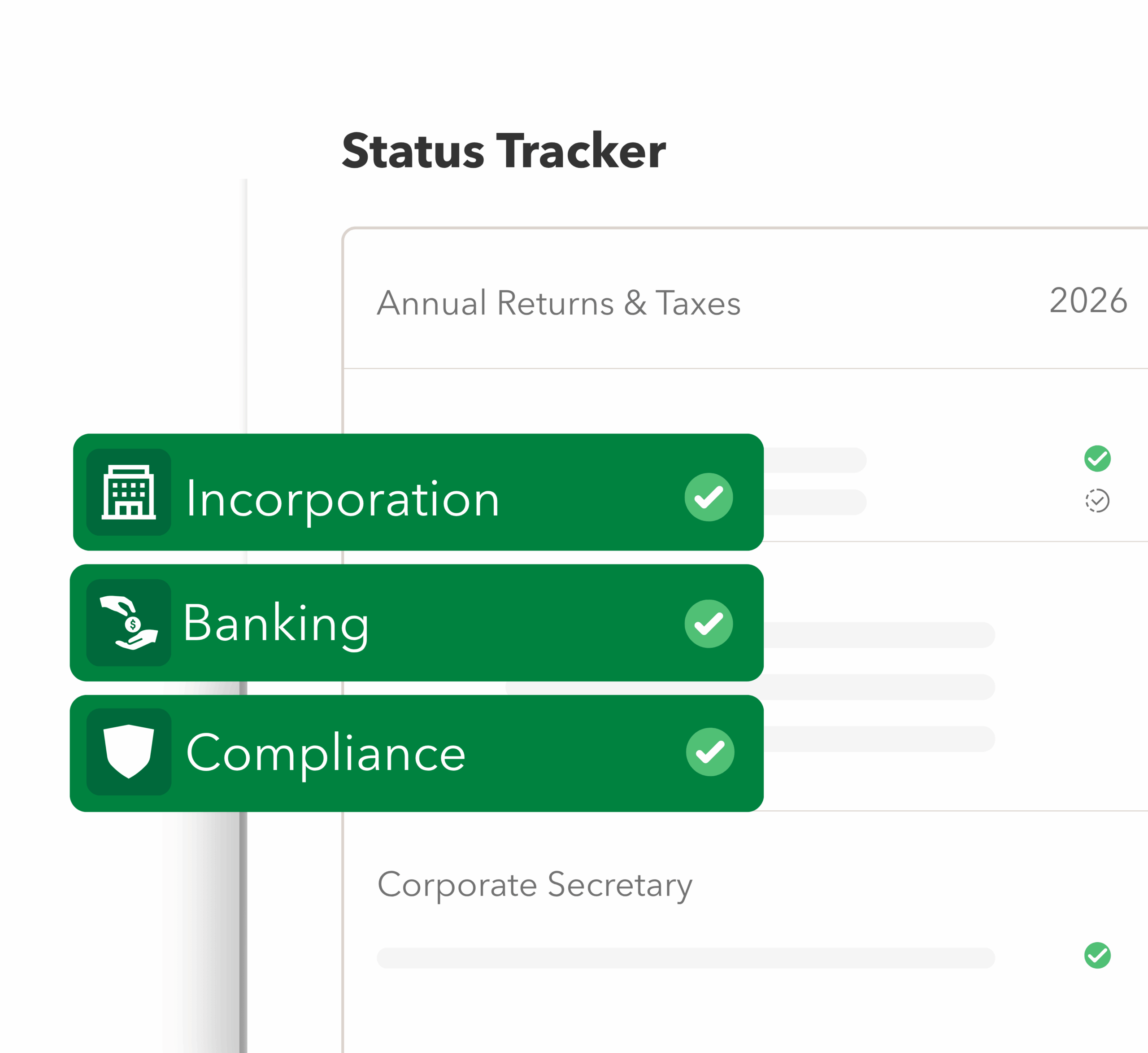 Counto status tracker dashboard showing the completed steps for Singapore company registration, incorporation, and banking setup for foreigners.