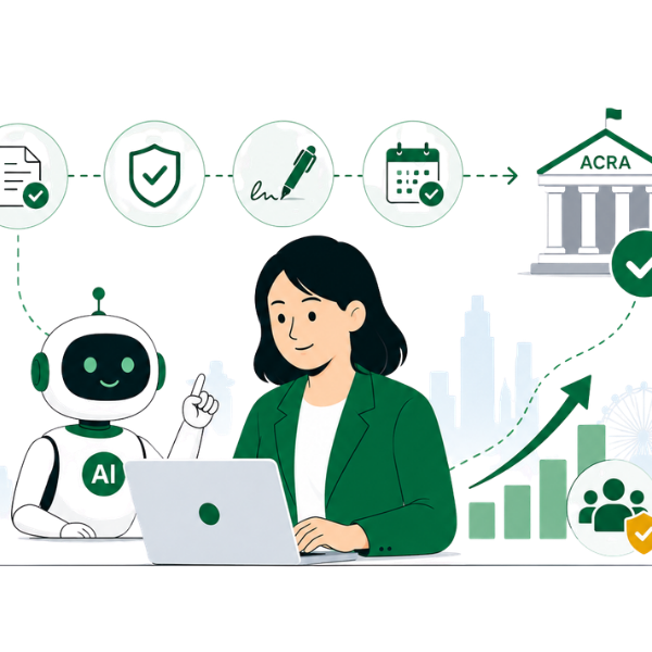 AI-powered corporate secretarial workflow in Singapore with automated compliance and ACRA filing process illustration
