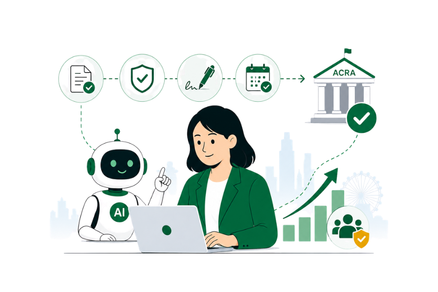AI-powered corporate secretarial workflow in Singapore with automated compliance and ACRA filing process illustration