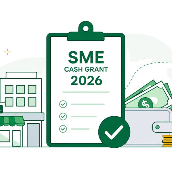 SME Cash Grant 2026 illustration showing a business registration document, checklist, and cash payout