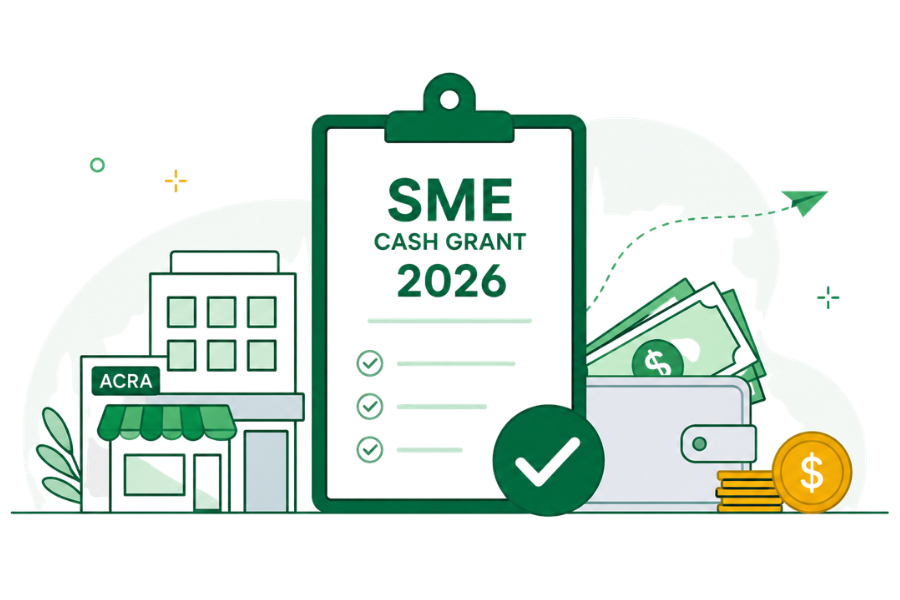 SME Cash Grant 2026 illustration showing a business registration document, checklist, and cash payout